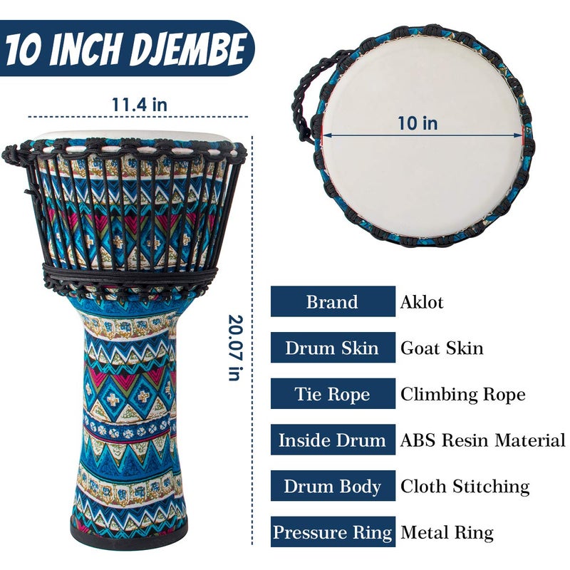 AKLOT Djembe Drum, AKLOT African Drum Cloth Stitching 11'' x 20'' ABS Resin Lightweight Goatskin Drumhead for Starter Beginners(Blue Floral) - Image 5